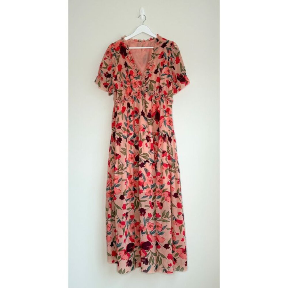 Pink Floral Tiered Swing Maxi Dress V Neck Short Sleeve